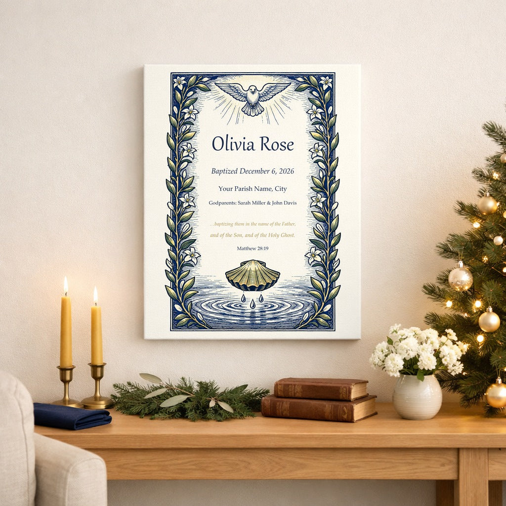 Personalized baptism keepsake canvas with dove and scallop shell