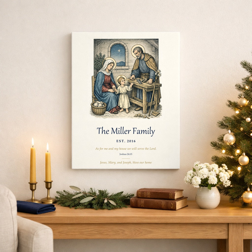 Holy Family Bless Our Home personalized family canvas