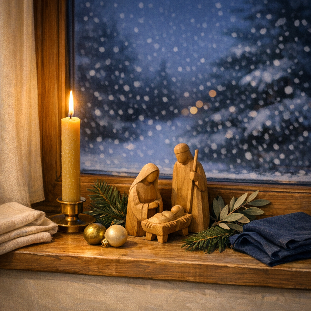 A lit beeswax candle and a simple wooden nativity of the Holy Family on a snowy Christmas Eve windowsill