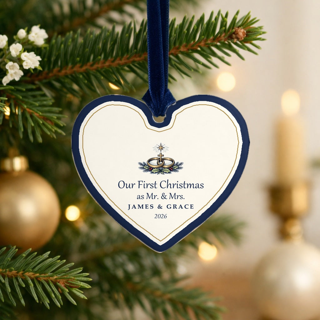 Personalized Our First Christmas as Mr. & Mrs. heart ornament hanging on a Christmas tree