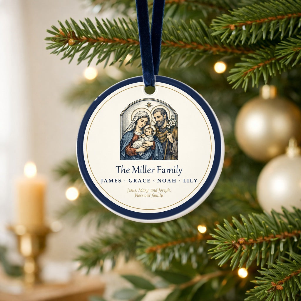 Holy Family personalized family name ornament hanging on a Christmas tree