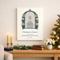 Christmas in Heaven memorial photo canvas with lily arch and cross hanging above a side table