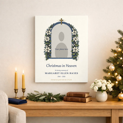 Christmas in Heaven memorial photo canvas with lily arch and cross hanging above a side table