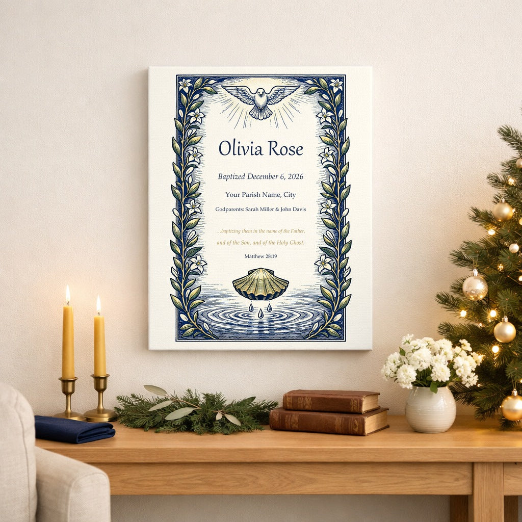 Personalized baptism keepsake canvas with dove, scallop shell and leaf border hanging above a side table