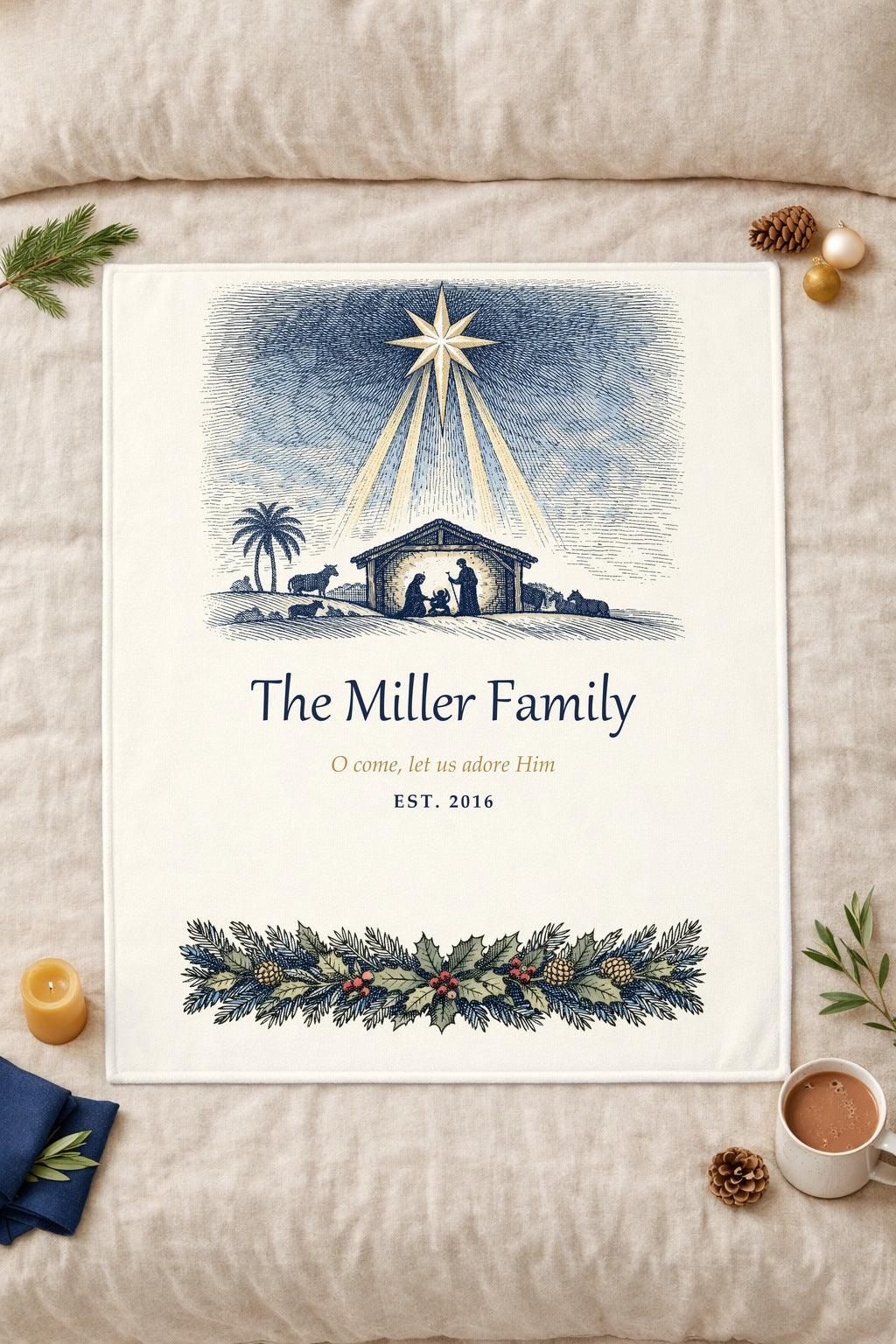 Holy Family Christmas personalized fleece blanket with Star of Bethlehem laid flat on linen