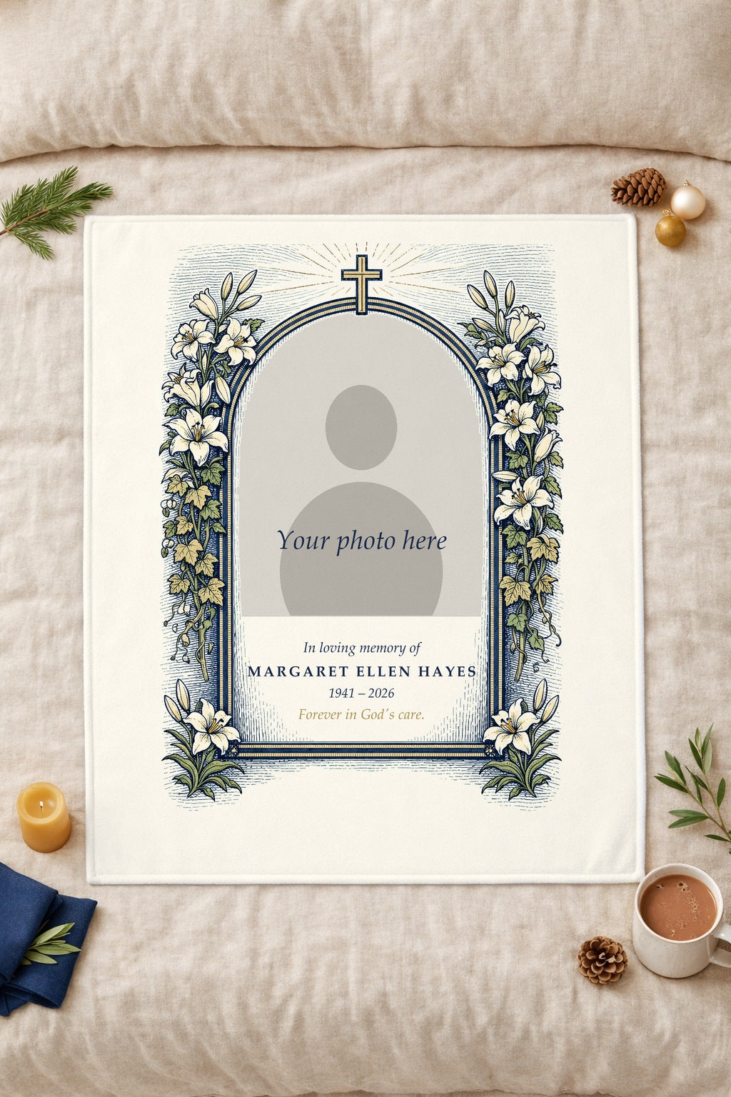 In Loving Memory personalized photo fleece blanket with lily arch and cross laid flat on linen