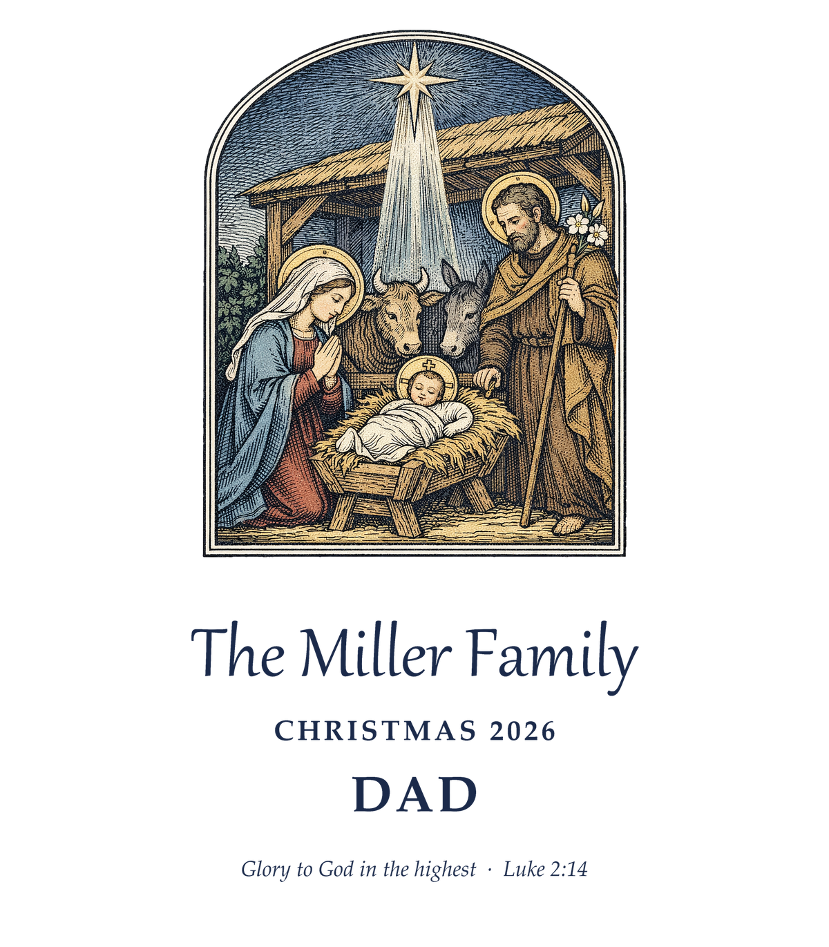 Design preview - Holy Family Christmas personalized family tee print design with Nativity scene