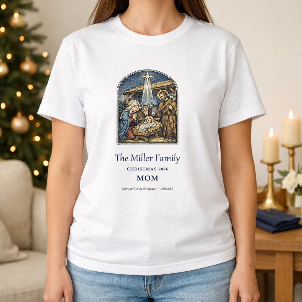 Woman wearing a white Holy Family Christmas family tee personalized with MOM