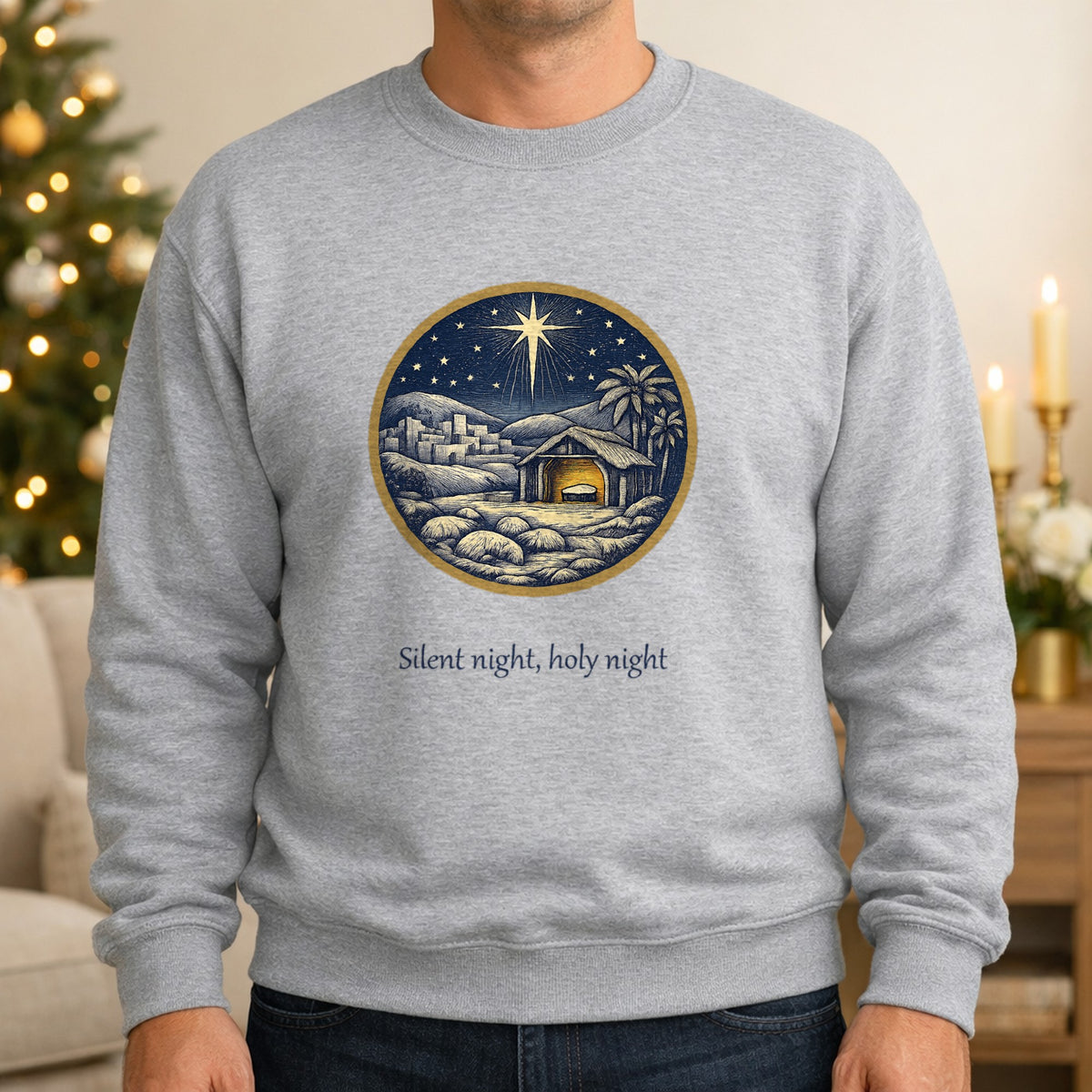 Person wearing a sport grey Silent Night family Christmas sweatshirt