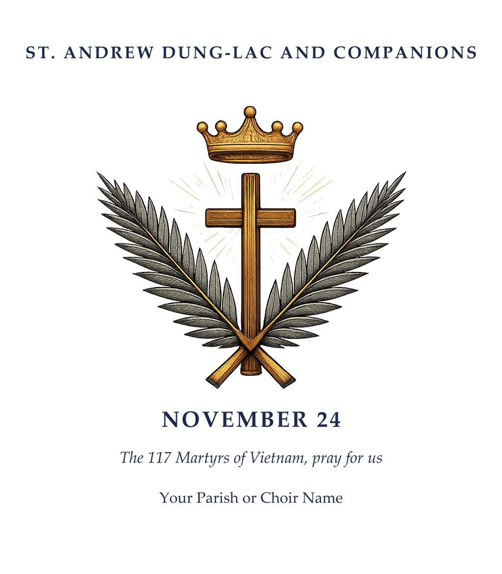 Design preview - St. Andrew Dung-Lac and Companions feast day tee print design with cross, crown and palms