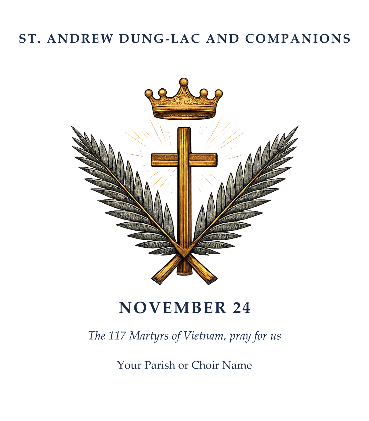 Design preview - St. Andrew Dung-Lac and Companions feast day tee print design with cross, crown and palms