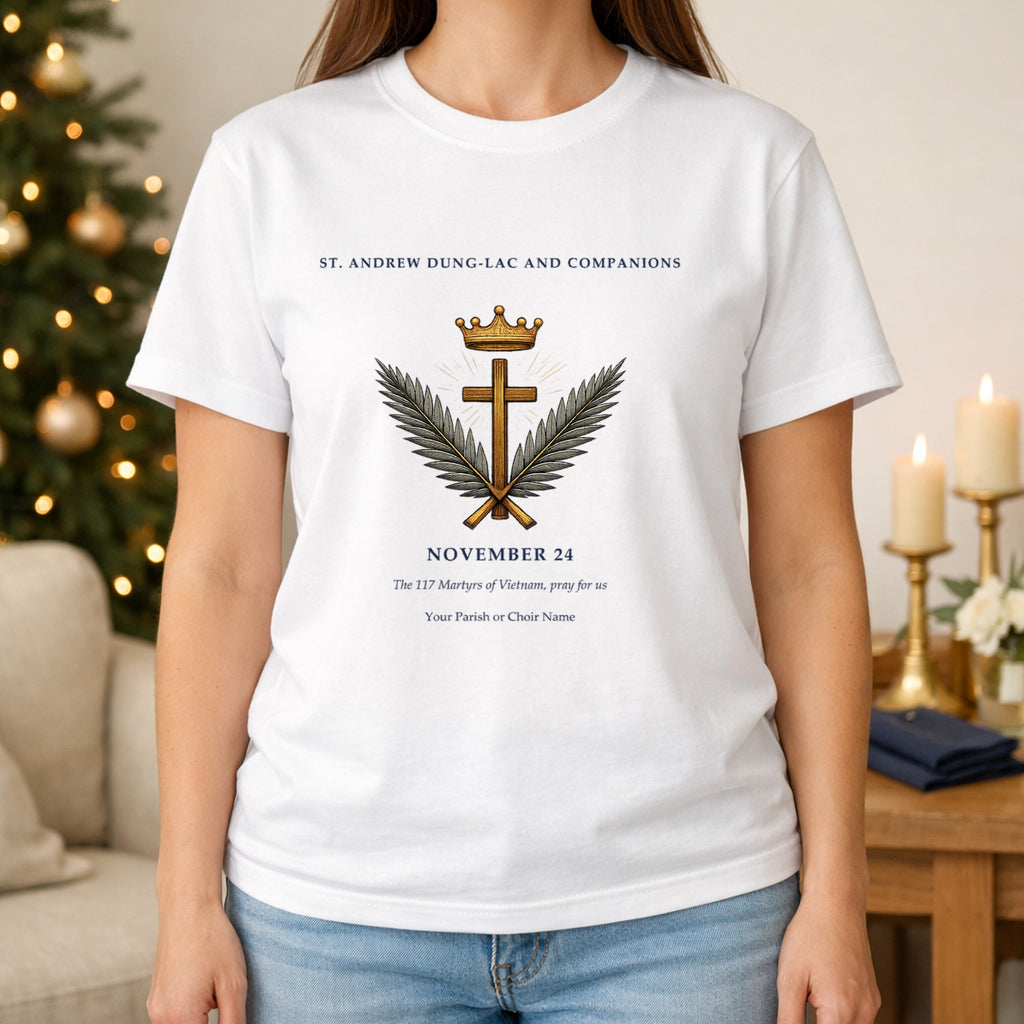 Person wearing a white Vietnamese Martyrs feast day tee personalized with a parish or choir name