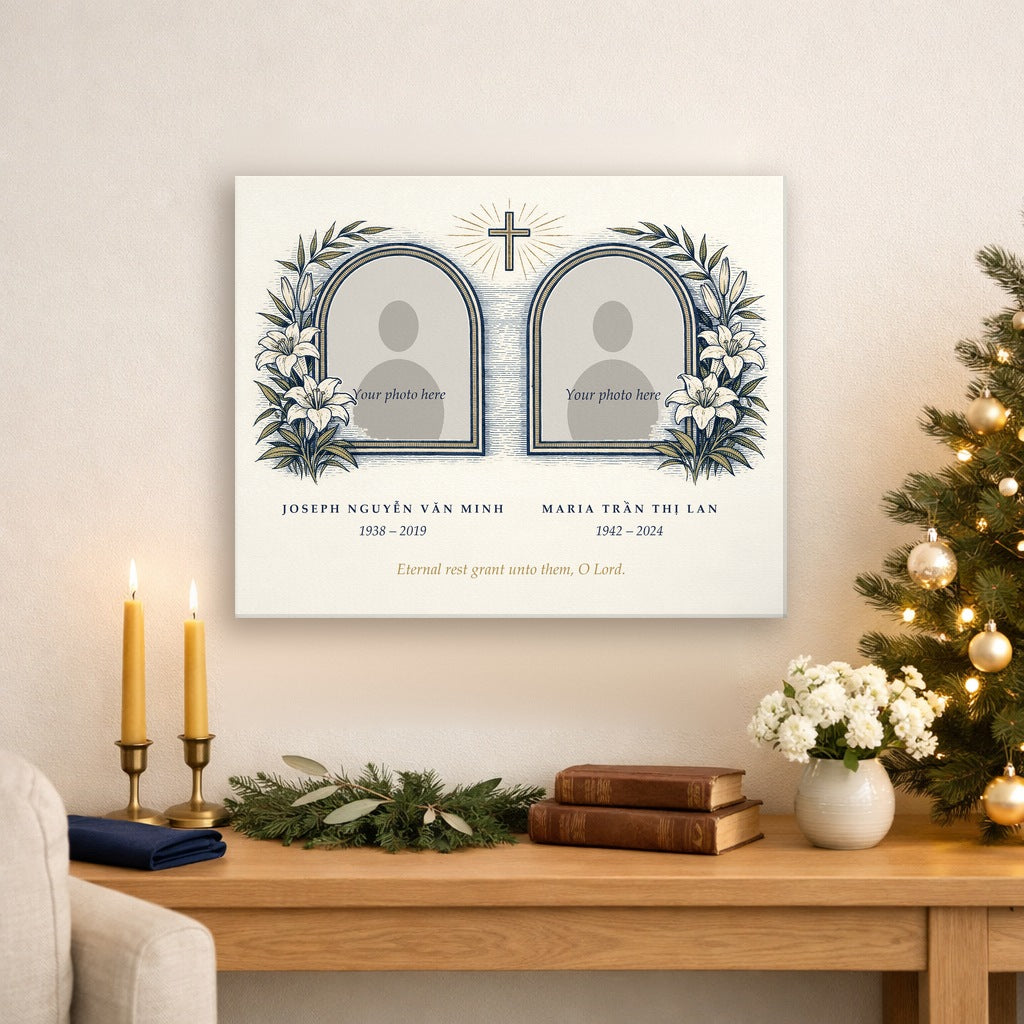 Vietnamese grandparents memorial photo canvas with two arched frames, lilies and cross hanging above a side table