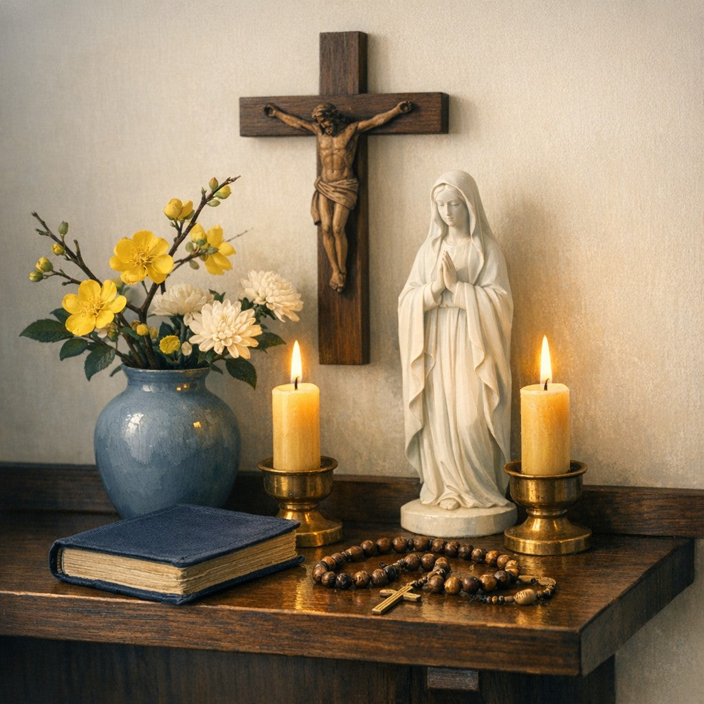 A home altar shelf with a wooden crucifix, a white statue of the Virgin Mary, two lit beeswax candles, yellow apricot blossoms, a wooden rosary, and a prayer book.